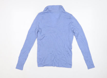 Hobbs Women Blue Merino Wool Ribbed Collared V-Neck Jumper M