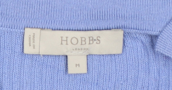 Hobbs Women Blue Merino Wool Ribbed Collared V-Neck Jumper M