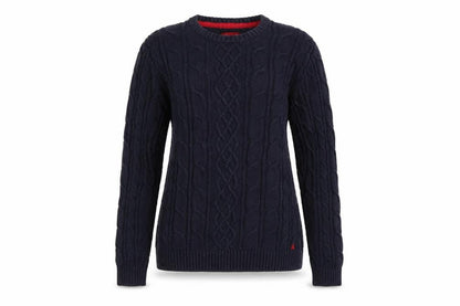 Front view of Musto Women’s Blue UK 12 Cable-Knit Cotton Crew Neck jumper