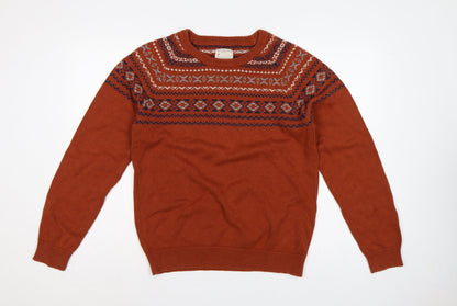 Selected Homme Men's Orange M Fair Isle Crew Neck Cotton Jumper