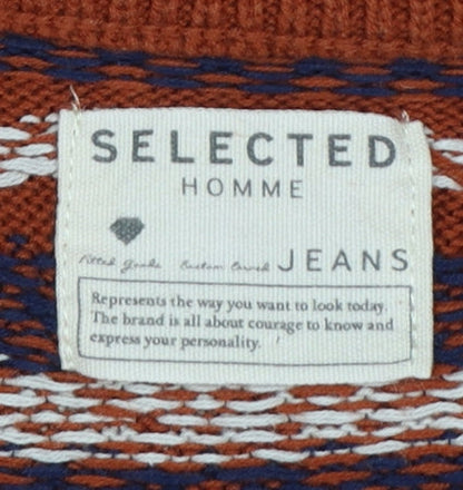 Selected Homme Men's Orange M Fair Isle Crew Neck Cotton Jumper