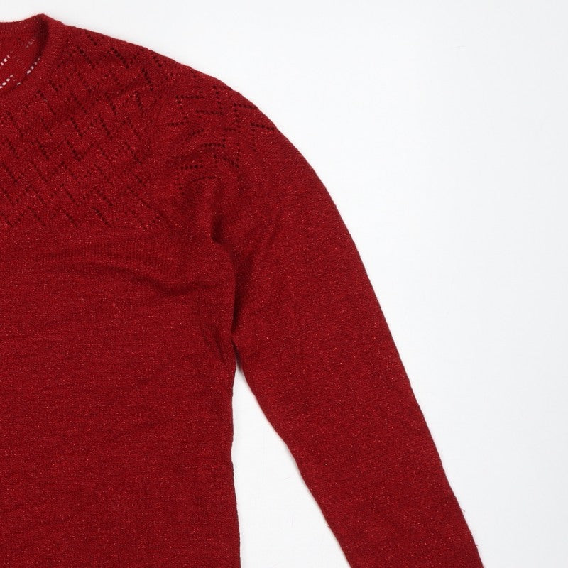 BM Women’s Red M Open Knit Round Neck Long Sleeve Pullover Jumper