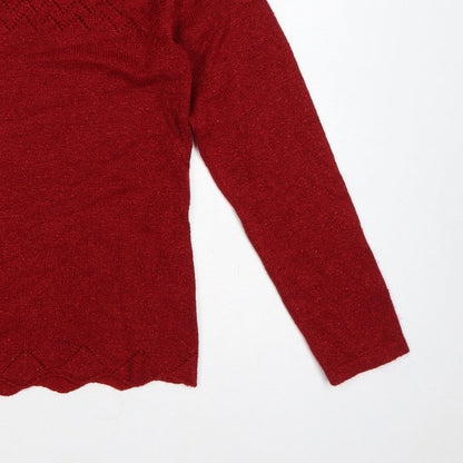 BM Women’s Red M Open Knit Round Neck Long Sleeve Pullover Jumper
