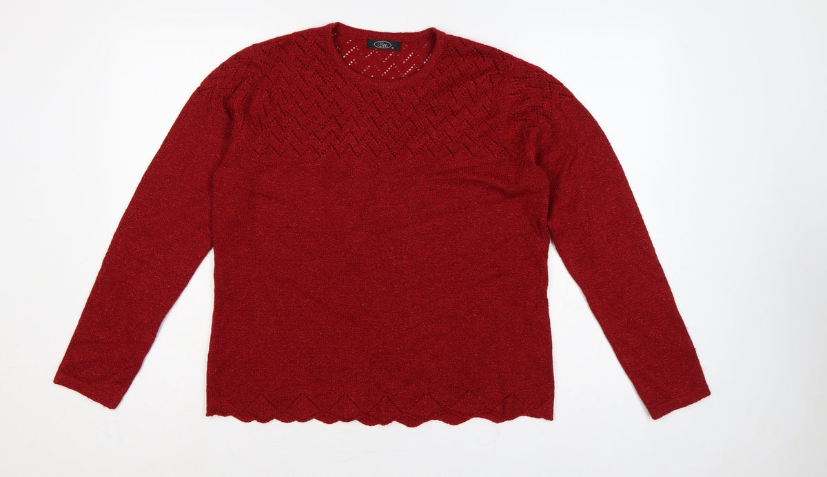 BM Women’s Red M Open Knit Round Neck Long Sleeve Pullover Jumper
