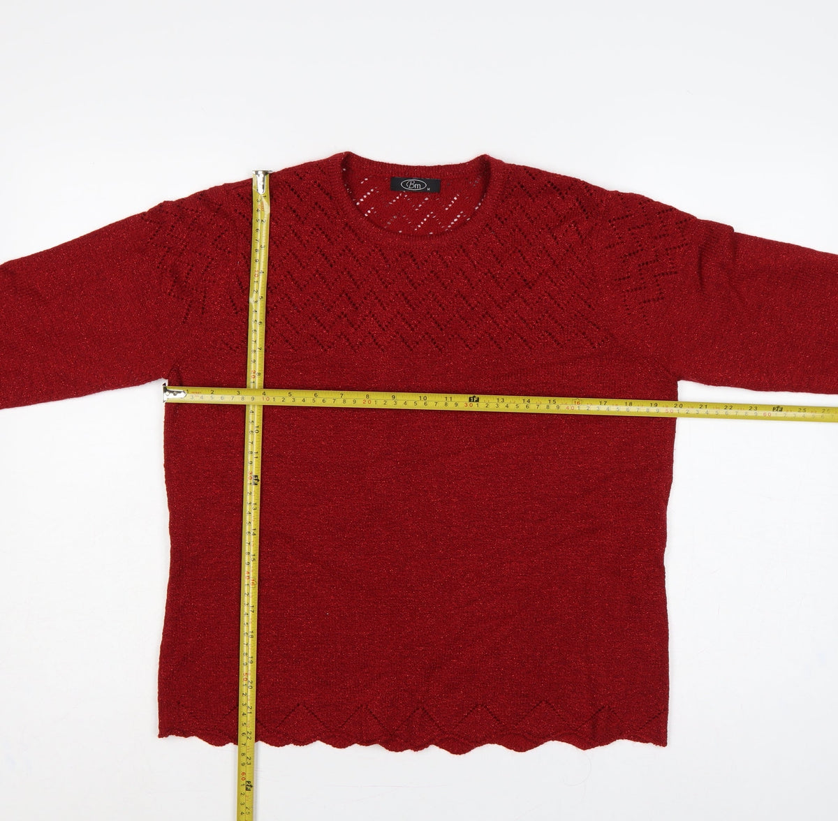 BM Women’s Red M Open Knit Round Neck Long Sleeve Pullover Jumper