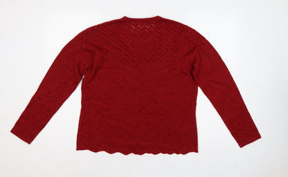 BM Women’s Red M Open Knit Round Neck Long Sleeve Pullover Jumper