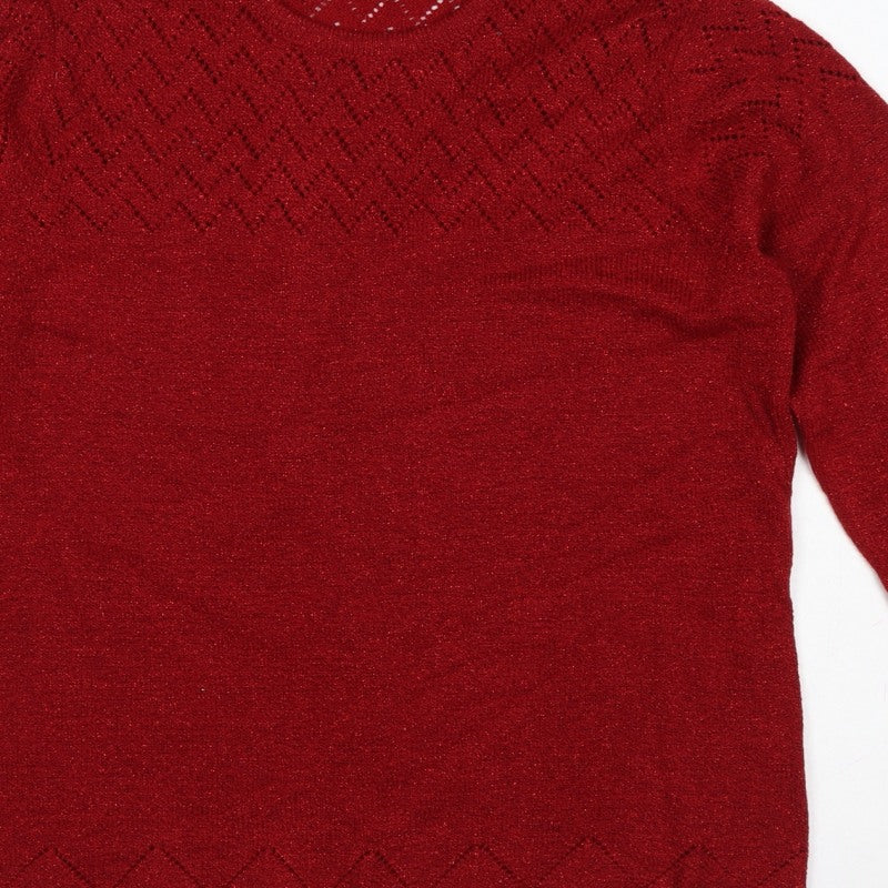 BM Women’s Red M Open Knit Round Neck Long Sleeve Pullover Jumper