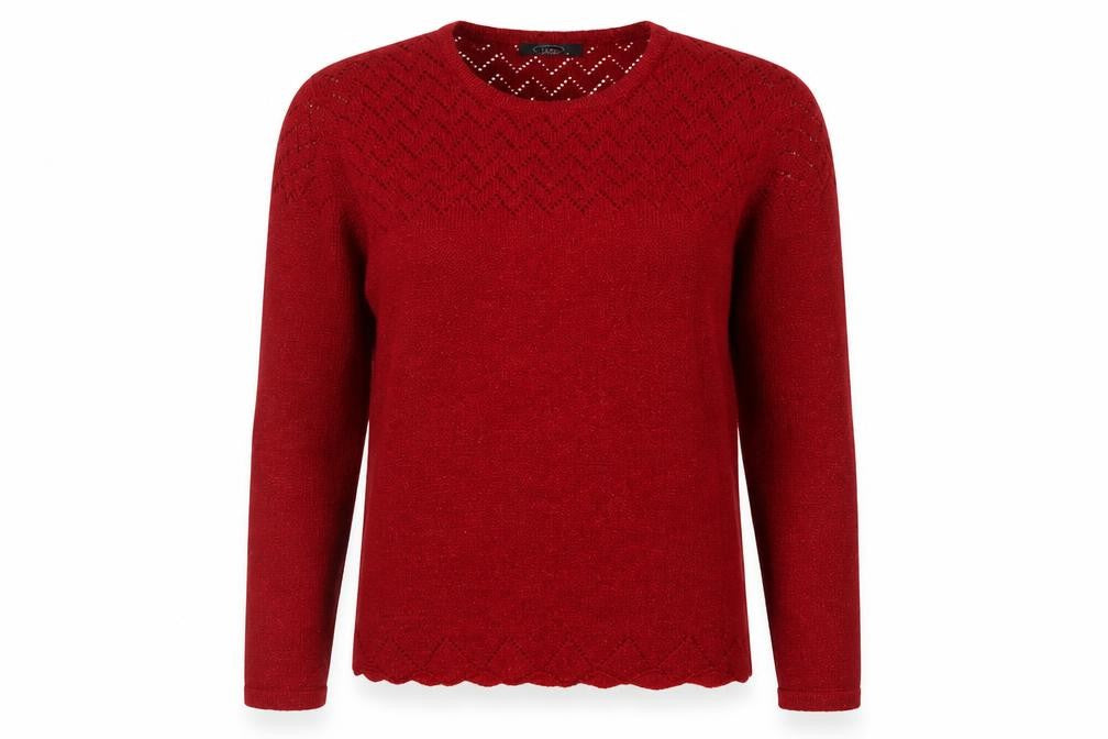 BM Women’s Red M Open Knit Round Neck Long Sleeve Pullover Jumper