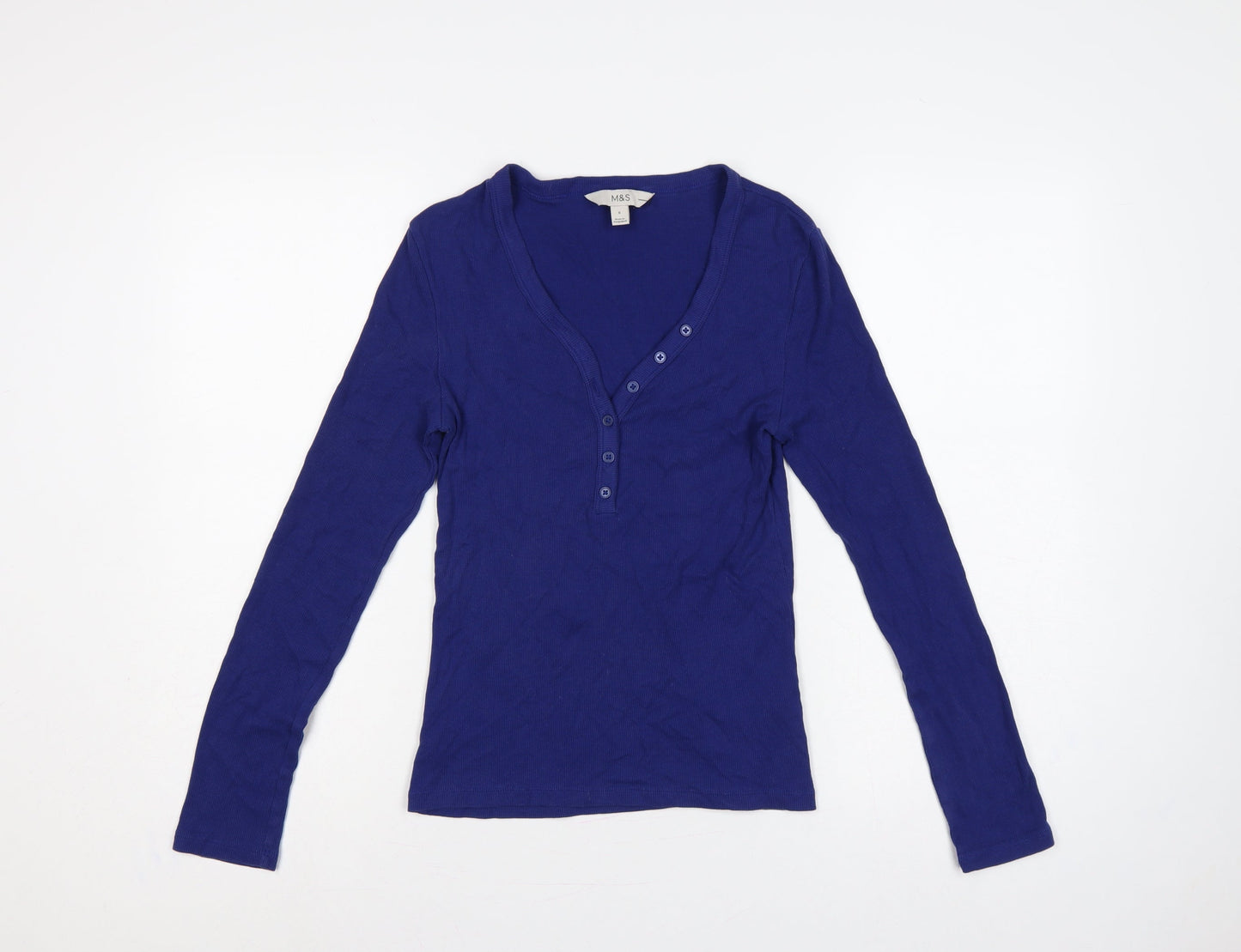 Marks and Spencer Women’s Blue Size 8 Ribbed V-Neck Henley Top