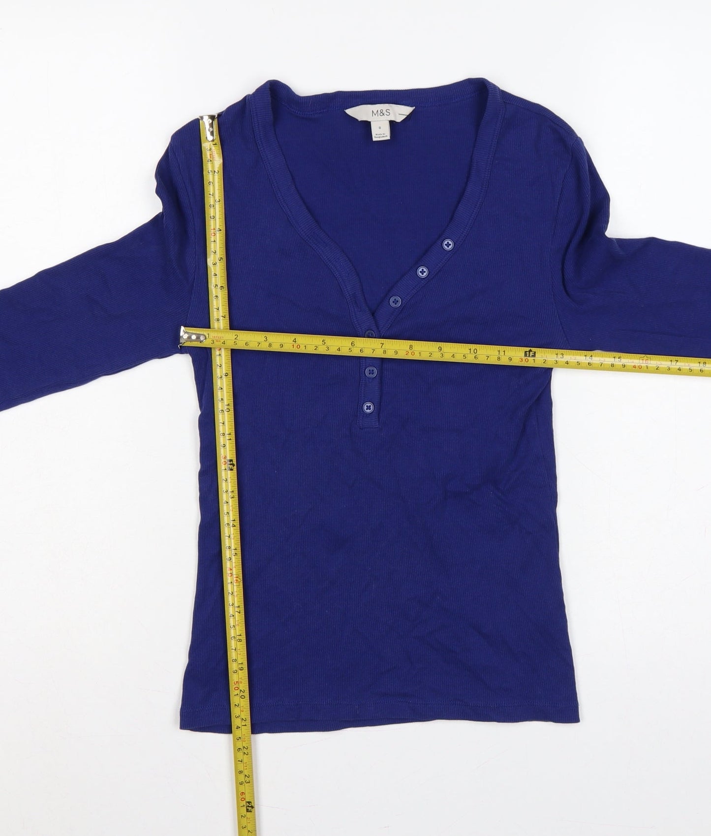 Marks and Spencer Women’s Blue Size 8 Ribbed V-Neck Henley Top