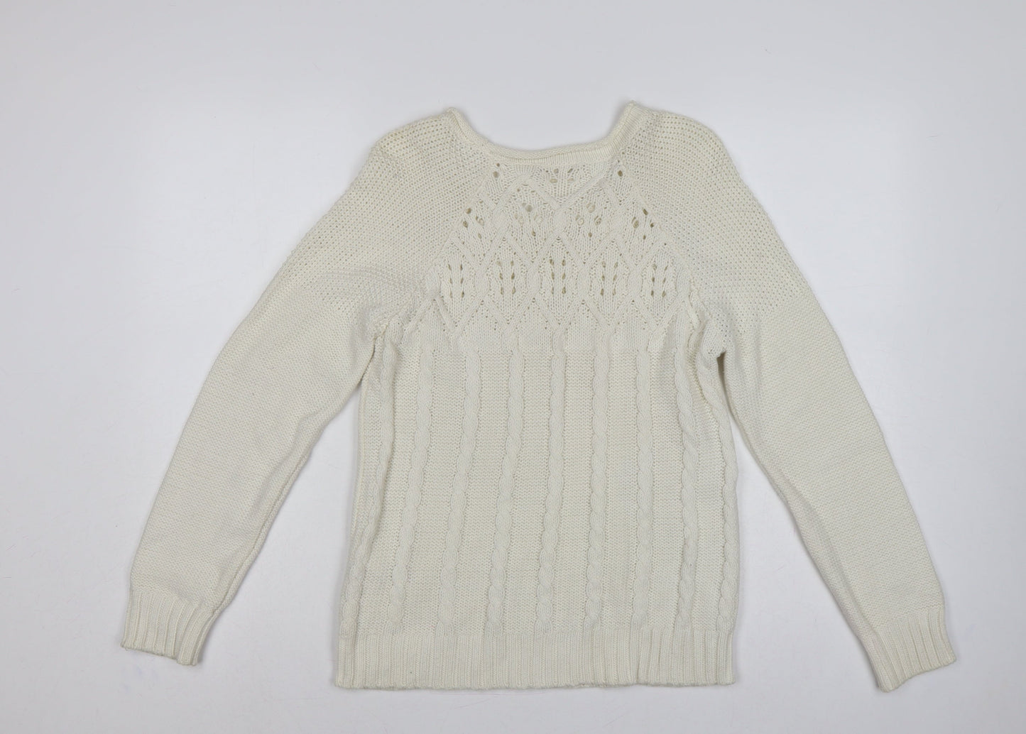 Marks and Spencer Women Ivory UK 12 Cable Knit Round Neck Jumper