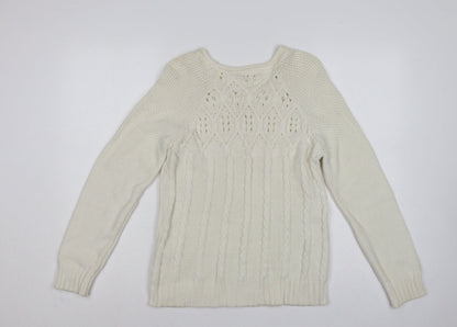 Marks and Spencer Women Ivory UK 12 Cable Knit Round Neck Jumper
