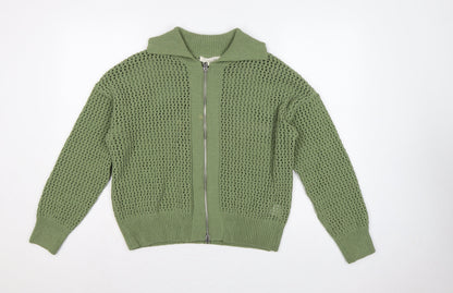Greige Women Green M Full Zip Open Knit Collared Jumper