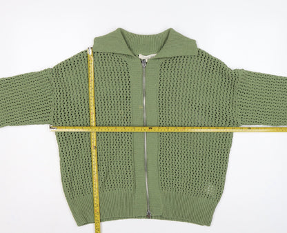 Greige Women Green M Full Zip Open Knit Collared Jumper