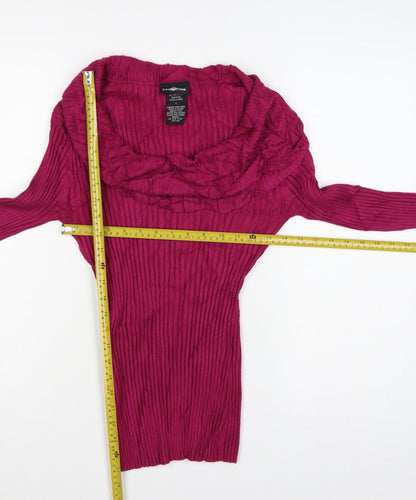 It's Our Time Women Pink L Ribbed Cowl Neck Ruffle Knit Jumper