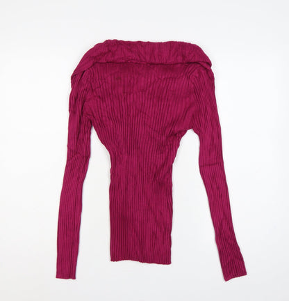 It's Our Time Women Pink L Ribbed Cowl Neck Ruffle Knit Jumper