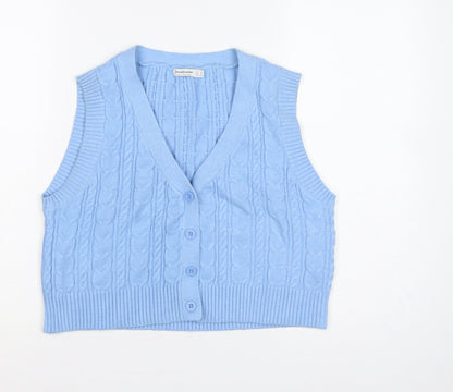 Stradivarius Women Blue S Cable-Knit V-Neck Button Vest Cardigan