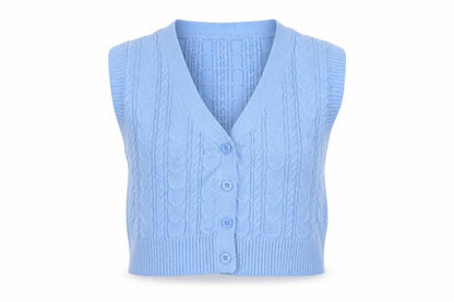 Stradivarius Women Blue S Cable-Knit V-Neck Button Vest Cardigan