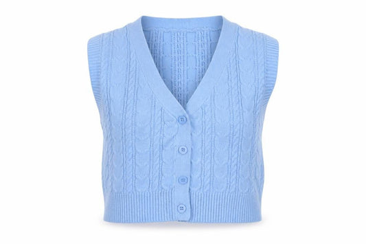 Stradivarius Women Blue S Cable-Knit V-Neck Button Vest Cardigan
