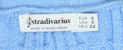 Stradivarius Women Blue S Cable-Knit V-Neck Button Vest Cardigan