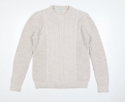 Next Men's Beige L Cable-Knit Crew Neck Cotton Blend Pullover Jumper