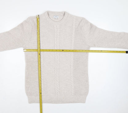 Next Men's Beige L Cable-Knit Crew Neck Cotton Blend Pullover Jumper