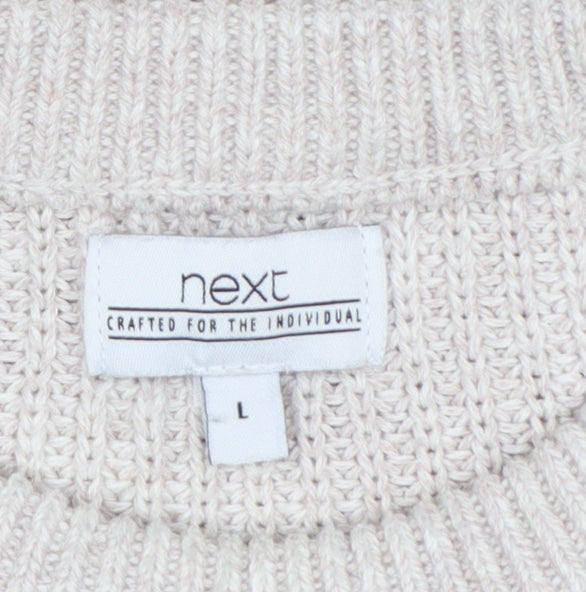 Next Men's Beige L Cable-Knit Crew Neck Cotton Blend Pullover Jumper