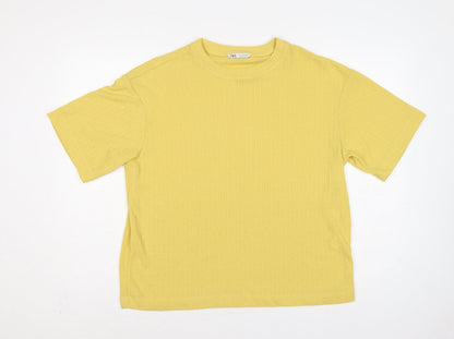 Zara Women Yellow M Short Sleeve Rib Knit Crew Neck Pullover Jumper