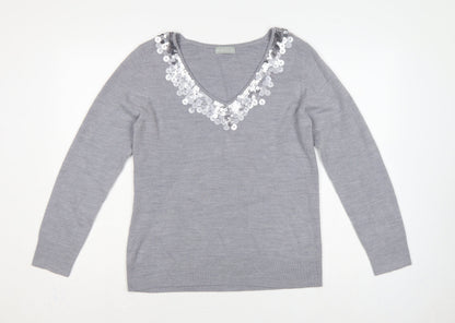 Per Una Women Grey Size 16 Sequin V-Neck Long Sleeve Knit Jumper