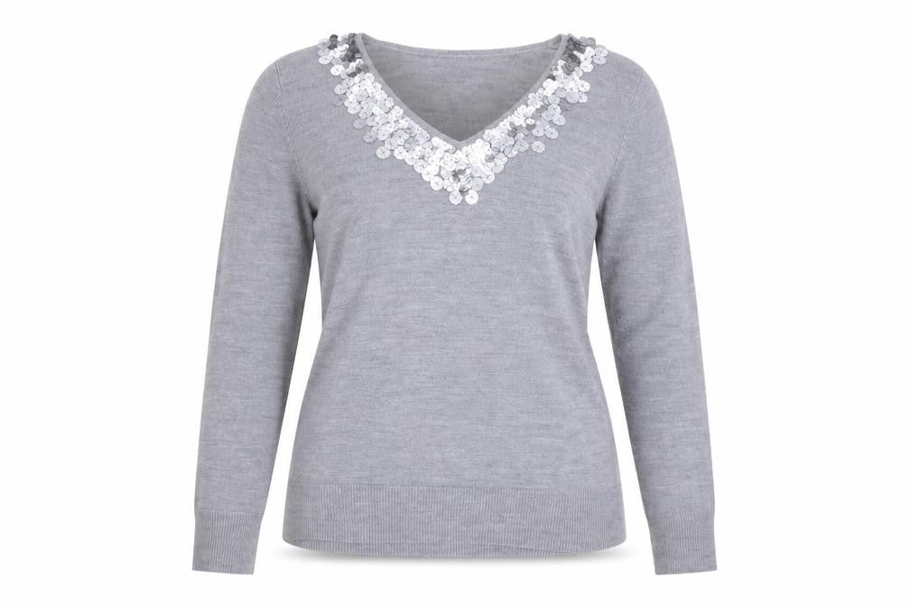 Per Una Women Grey Size 16 Sequin V-Neck Long Sleeve Knit Jumper