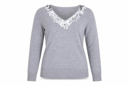 Per Una Women Grey Size 16 Sequin V-Neck Long Sleeve Knit Jumper