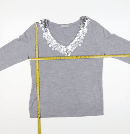Per Una Women Grey Size 16 Sequin V-Neck Long Sleeve Knit Jumper