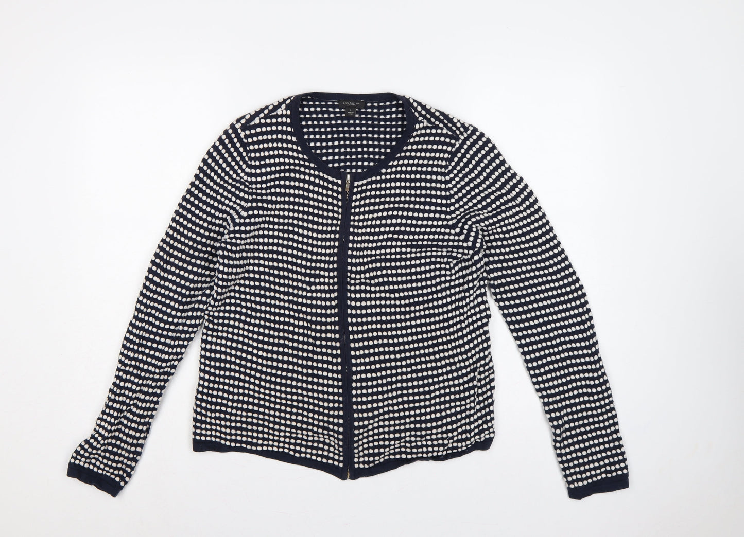 Ann Taylor Factory Women Blue L Full Zip Cotton Striped Cardigan