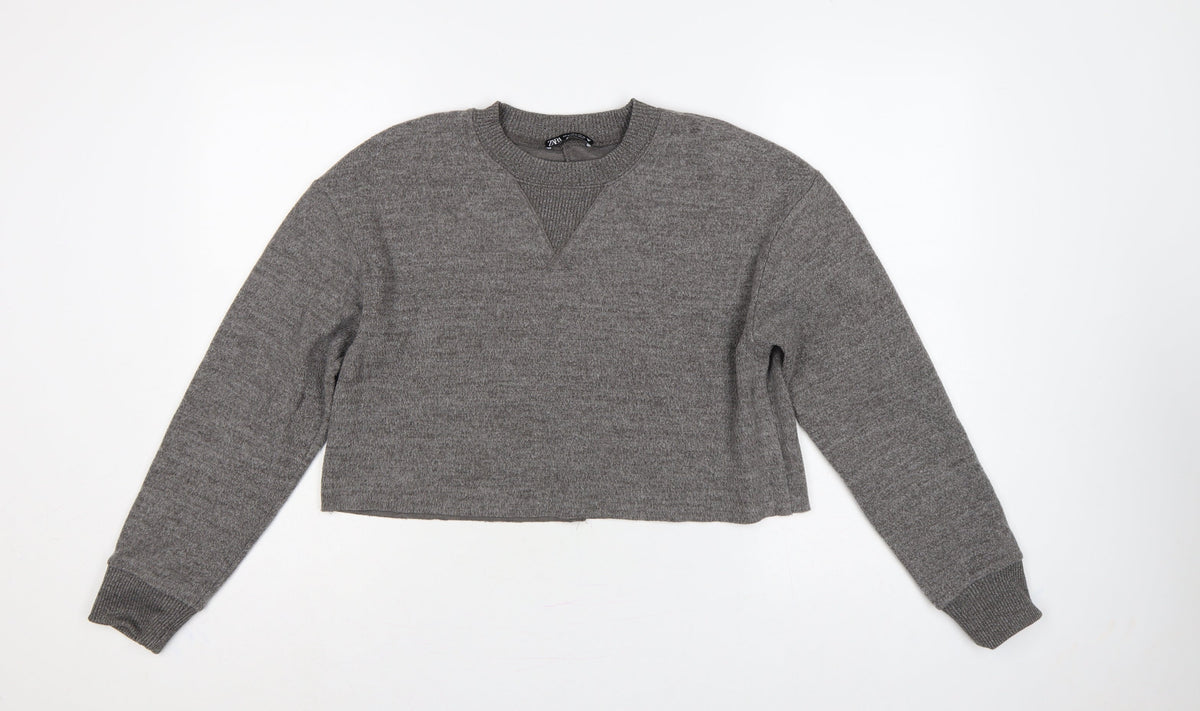 Zara Women Grey M Knit Crew Neck Pullover Sweatshirt Long Sleeve