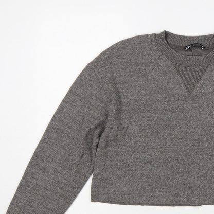 Zara Women Grey M Knit Crew Neck Pullover Sweatshirt Long Sleeve