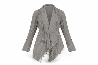 Sandwich Women Grey UK 8 Wrap Knit Long Sleeve Belted Fringe Blouse