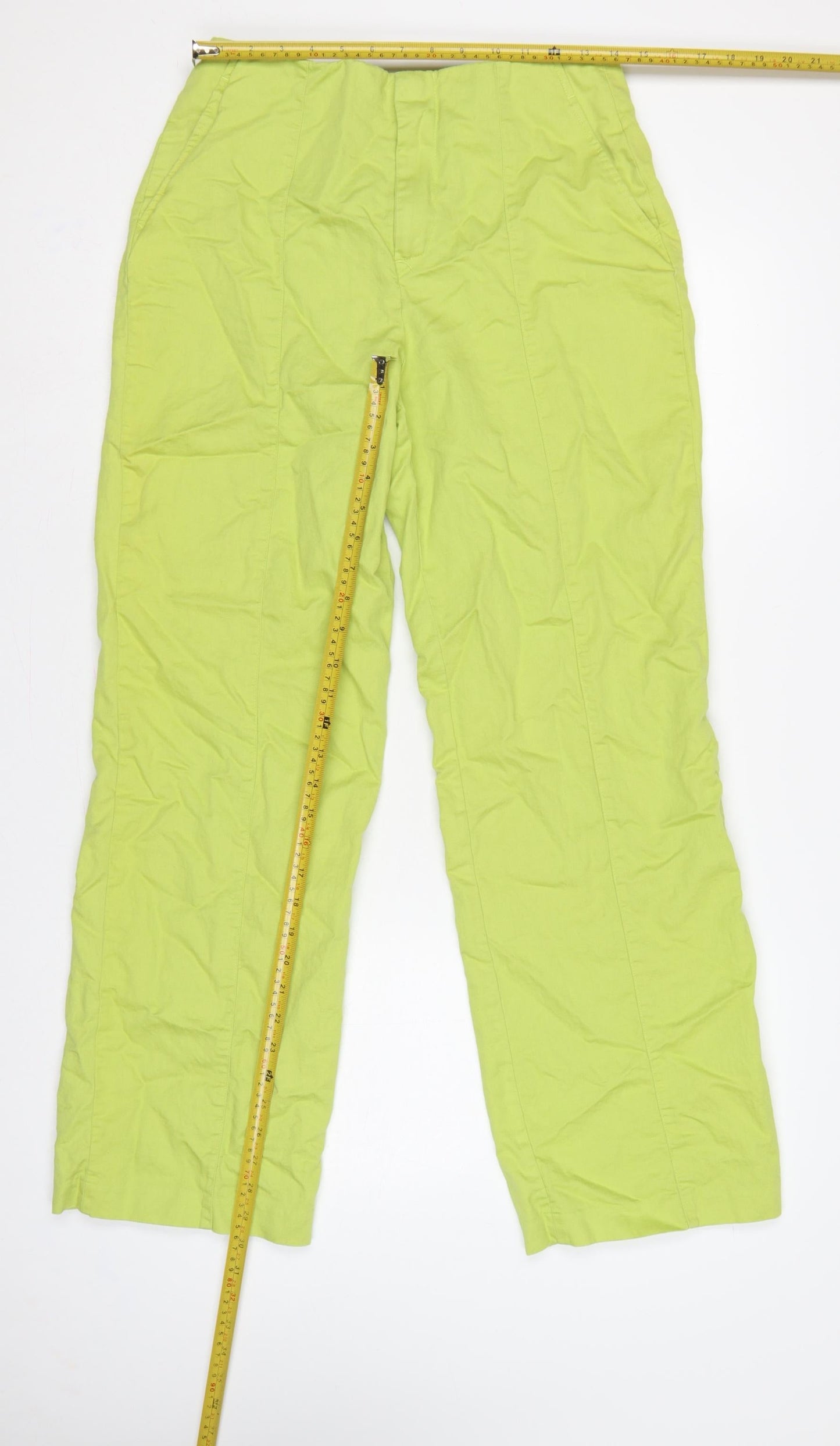 Zara Women Green M Cotton Linen Straight Trousers Pockets