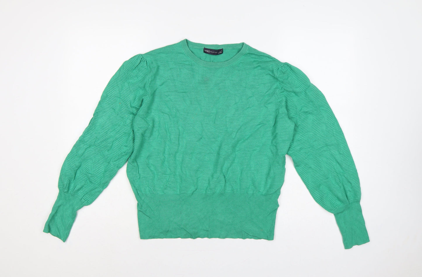 Marks and Spencer Women Green L Cable Knit Puff Sleeve Jumper