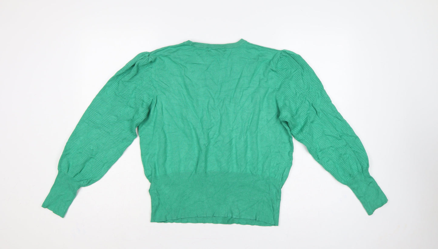 Marks and Spencer Women Green L Cable Knit Puff Sleeve Jumper