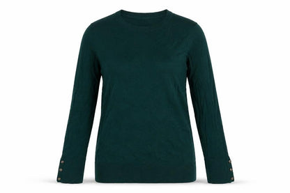 Front view of Dorothy Perkins Women Green UK 14 Round Neck Button Cuff Jumper