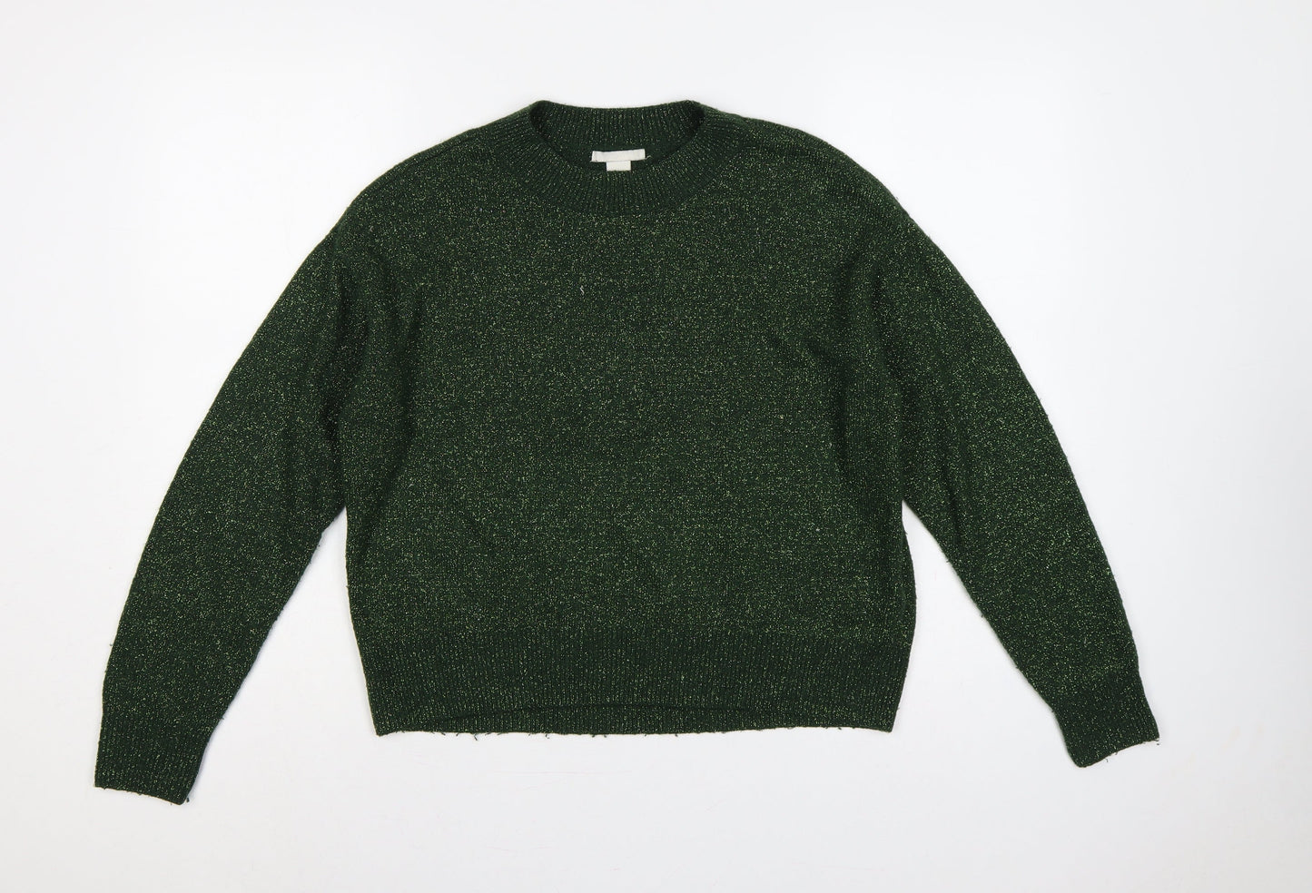 H&M Women Green Gold Glitter Knit Crew Neck Pullover Jumper XS