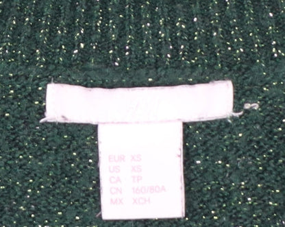 H&M Women Green Gold Glitter Knit Crew Neck Pullover Jumper XS