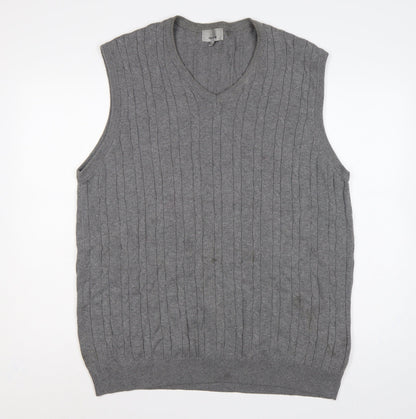 Marks and Spencer Men Grey XL Cable Knit Cotton V-Neck Vest Jumper