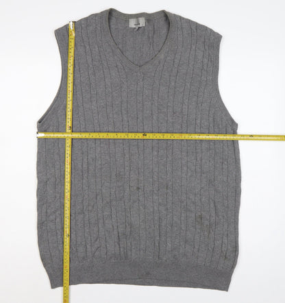 Marks and Spencer Men Grey XL Cable Knit Cotton V-Neck Vest Jumper