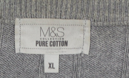 Marks and Spencer Men Grey XL Cable Knit Cotton V-Neck Vest Jumper