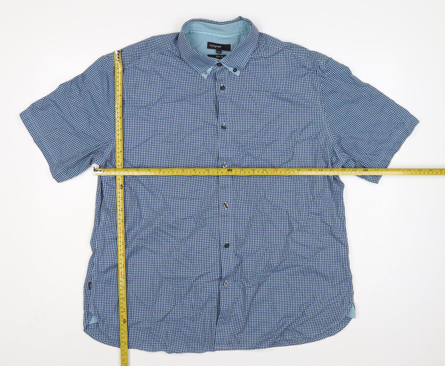 M&S Autograph Men’s Blue Check Slim Fit 2XL Short Sleeve Shirt
