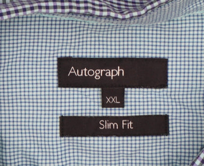 M&S Autograph Men’s Blue Check Slim Fit 2XL Short Sleeve Shirt