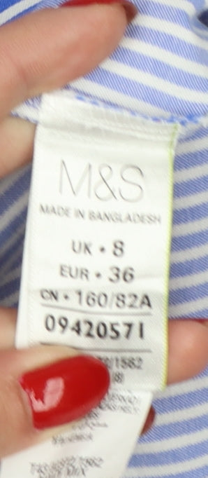 Marks and Spencer Women Blue Striped Cotton Button-Up Shirt UK 8