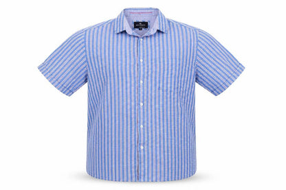 Marks & Spencer Men Blue Large Regular Fit Striped Short Sleeve Shirt