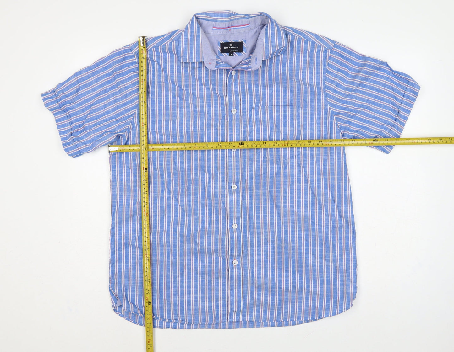 Marks & Spencer Men Blue Large Regular Fit Striped Short Sleeve Shirt